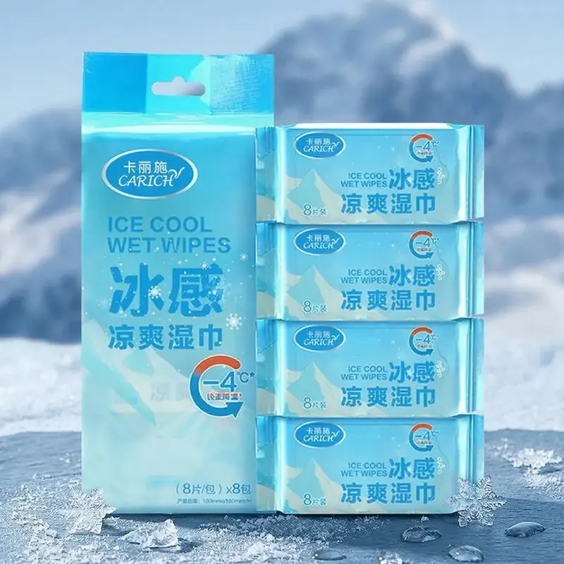 Ice Cool გაგრილებული ნესტიანი ხელსახოცები CARICH, (8 ც./პაკ.) * 8 პაკ.